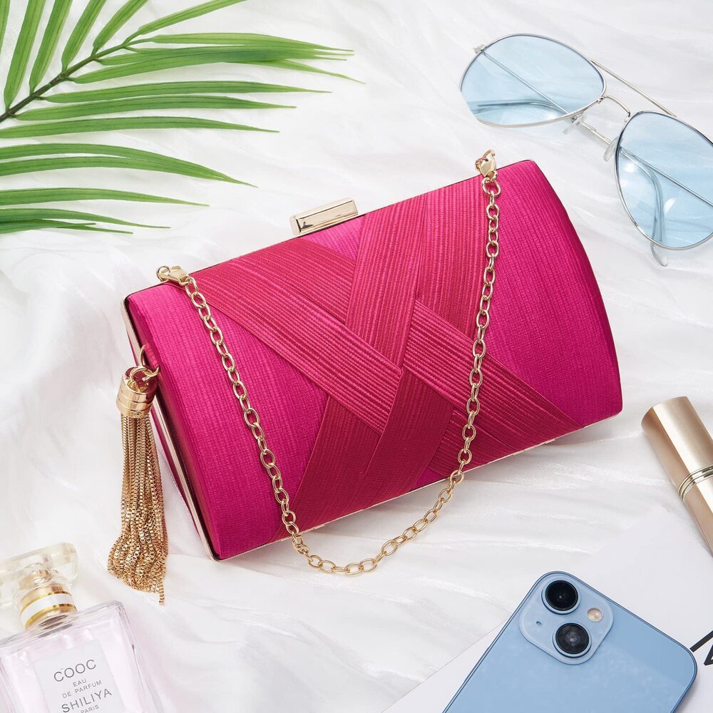 5030 Rose Red Fringed Evening Clutch Bag, 6.9 x 2.8 x 4.5 in - Picture 2 of 5
